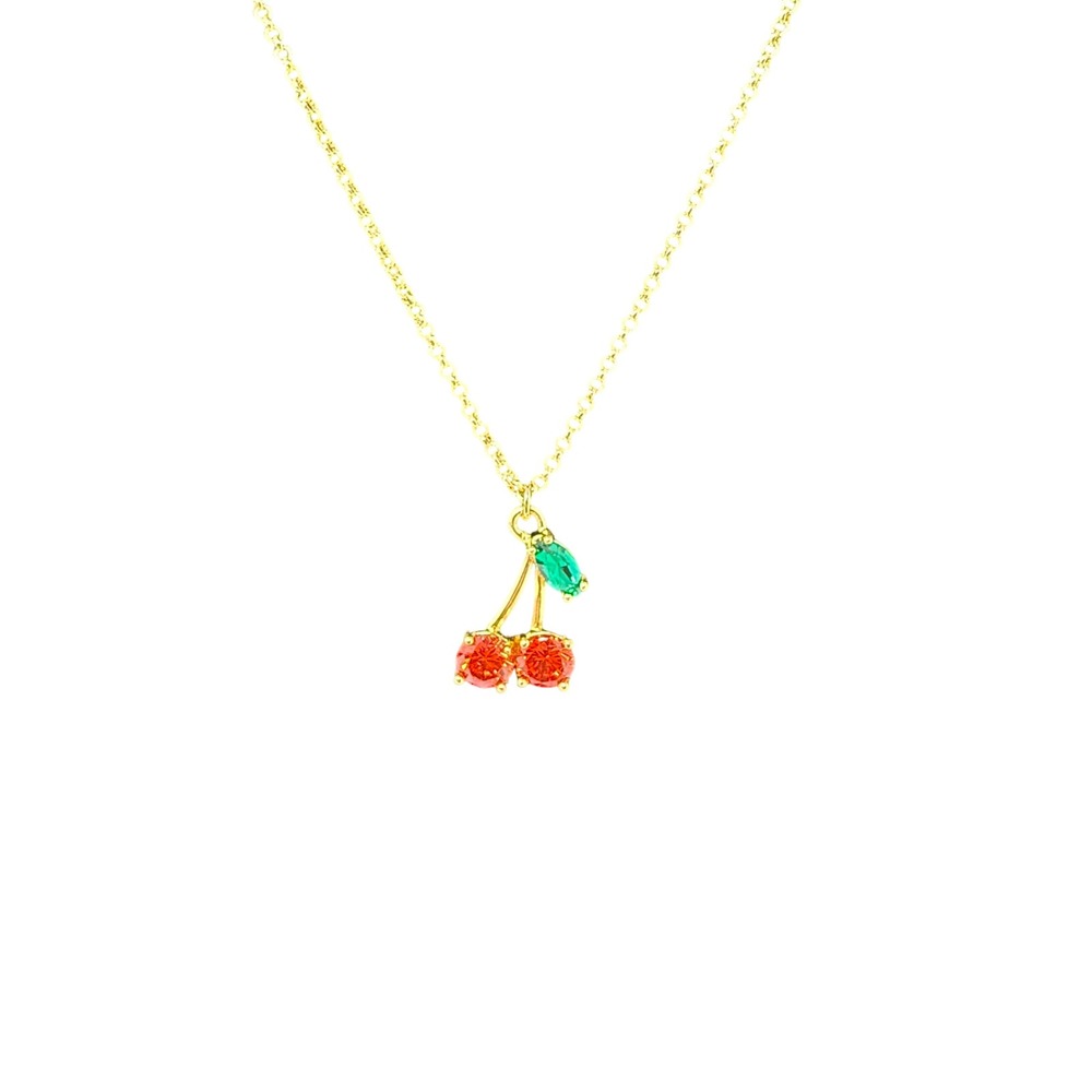Kate Spade Cherry Pendant Necklace Gold Tone Red Green Crystal Coquette Fruit